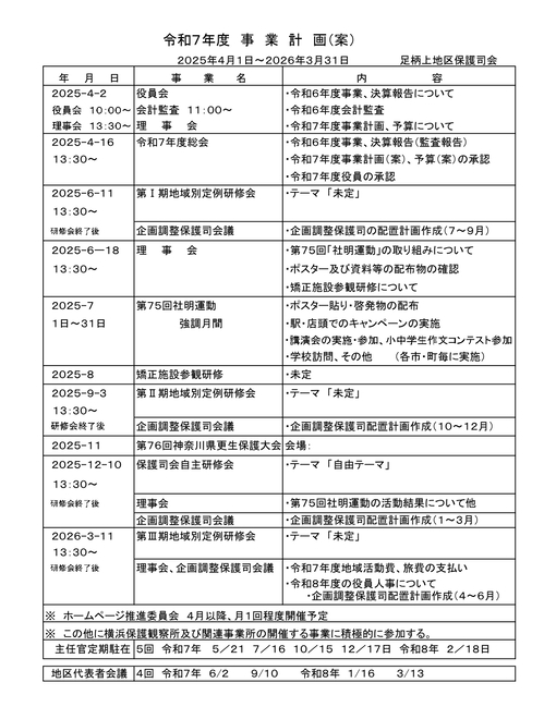令和7年度保護司会事業計画表